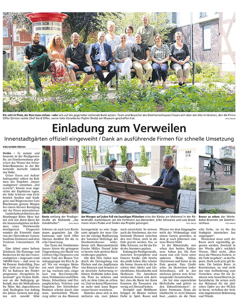 Artikel aus der Kreiszeitung Verden vom 16. Juni 2023 über die Einweihung der Verdener Innenstadtgärten
