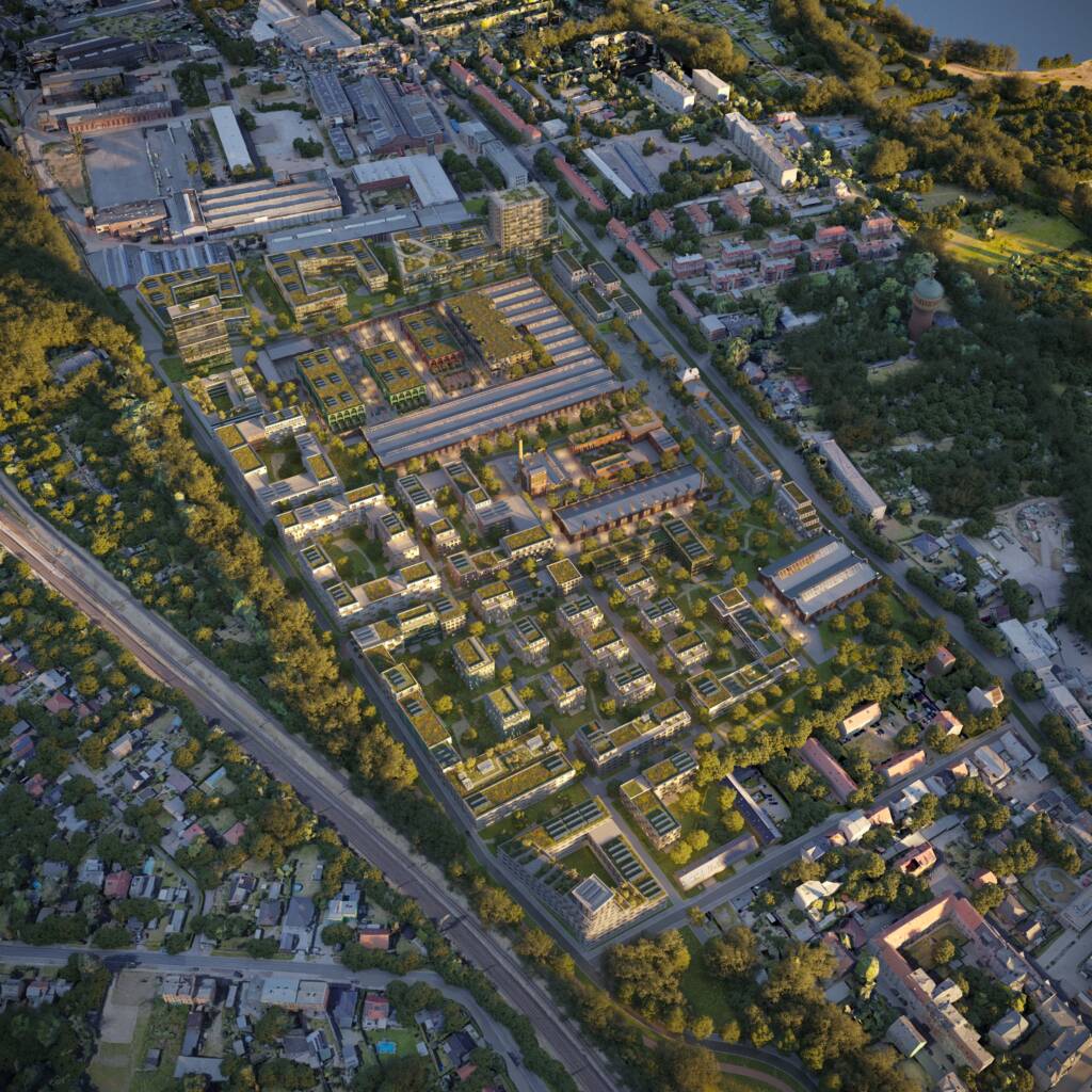 Luftbild-Visualisierung eines neuen Stadtquartiers in Magdeburg auf dem Gelände des ehemaligen Reichsbahnausbesserungswerks. Die geplante Bebauung kombiniert moderne Gebäude mit begrünten Dächern, großzügigen Freiflächen und Parks. Historische Industriehallen sind in das Konzept integriert, und breite Wege verbinden Wohn- und Gewerbebereiche. Das Areal ist von dichtem Baumbestand umgeben, und im Hintergrund sind Stadtgebiete sowie ein Fluss sichtbar