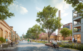 Das Bild zeigt eine visualisierte Stadtraumszene des von MERA geplanten landschaftsarchitektonischen Entwurfs des RAW Magdeburg. Zu sehen ist ein großzügiger öffentlicher Platz zwischen historischen Industriegebäuden aus Backstein und modernen Neubauten. Alte Fassaden mit Rundbogenfenstern stehen links, rechts schließen sich zeitgemäße Wohngebäude mit Balkonen an. In der Mitte des Raums wachsen große, neu gepflanzte Bäume, deren Kronen Schatten spenden. Dazwischen liegen bepflanzte Beete mit Stauden und Gräsern. Menschen nutzen den Raum vielfältig: Erwachsene sitzen an Café-Tischen, unterhalten sich oder spazieren über das Pflaster. Kinder spielen auf Holzsitzstufen, ein Kind fährt Roller. Weitere Personen gehen durch den Platz oder stehen in kleinen Gruppen zusammen. Im Hintergrund ragt ein hoher Schornstein als Zeugnis der industriellen Vergangenheit in den Himmel. Die Darstellung zeigt einen lebendigen, durchgrünten Stadtraum, der Aufenthalt, Bewegung und Begegnung ermöglicht und historische Identität mit zeitgemäßer Nutzung verbindet – ein typisches Ziel der landschaftsarchitektonischen Arbeit von MERA.