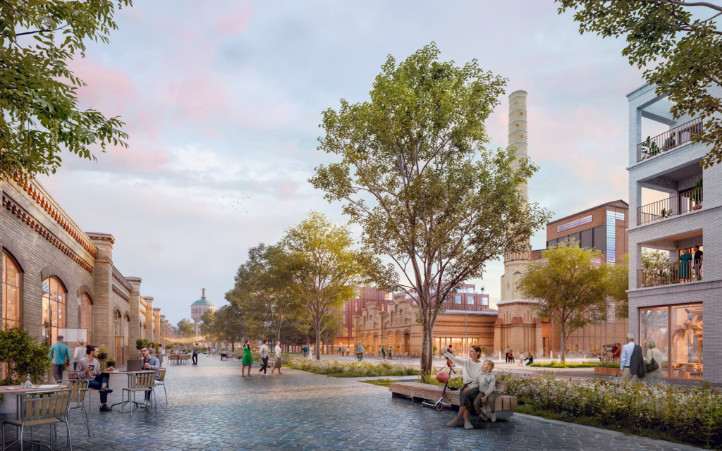 Das Bild zeigt eine visualisierte Perspektive eines neu gestalteten Stadtraums. Zu sehen ist eine breite, gepflasterte Straße mit großzügigem Raum für Fußgänger*innen. In der Mitte und entlang der Ränder stehen große Bäume, deren Kronen den Stadtraum gliedern und Schatten spenden. Beete mit Stauden und Gräsern lockern die Fläche auf. Menschen gehen spazieren, sitzen auf Bänken oder halten sich in kleinen Gruppen auf. Links säumen historische Backsteinbauten den Straßenraum, rechts stehen moderne Wohngebäude mit Balkonen, auf denen ebenfalls Menschen zu sehen sind. Im Hintergrund ragt ein schlanker Industrieschornstein auf und erinnert an die industrielle Vergangenheit des Ortes. Die Szene wirkt belebt, aber nicht hektisch – ein Ort für Alltag, Begegnung und Aufenthalt. Die Darstellung vermittelt das Ziel der landschaftsarchitektonischen Planung: einen grünen, nutzerfreundlichen Stadtraum zu schaffen, der Geschichte, Wohnen und öffentliches Leben miteinander verbindet.