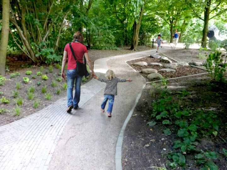 Geschwungener, barrierearmer Weg durch eine naturnah gestaltete Grünanlage in einem Wohnquartier. Eine Frau geht mit einem Kind an der Hand durch den schattigen Freiraum, während weitere Kinder den Weg im Hintergrund nutzen. Pflanzflächen, Gehölze und ein Bereich mit Natursteinen strukturieren den Aufenthalts- und Bewegungsraum.