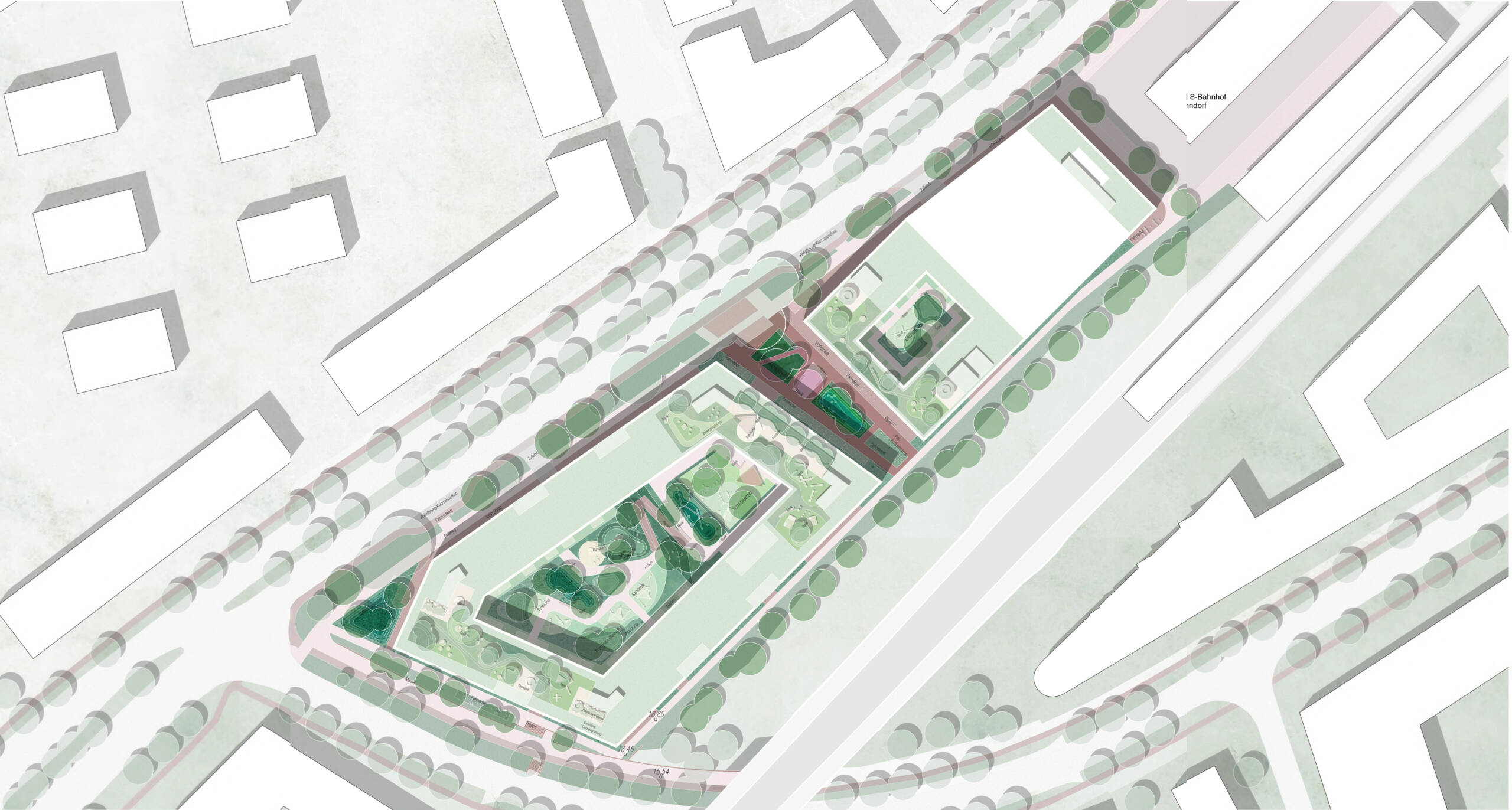 Draufsicht auf ein städtebauliches Quartier entlang einer Straßenachse in der Stein-Hardenberg-Straße in Hamburg: Zwei größere Gebäudekomplexe bilden jeweils innenliegende, grün gestaltete Höfe. In den Höfen sind Wege, Rasenflächen, Baumgruppen sowie Spiel- und Aufenthaltsbereiche angeordnet. Entlang der Gebäude verlaufen strukturierte Freiräume mit linearen Pflanzungen und klar gefassten Platzbereichen. Die Dächer sind teilweise mit Photovoltaik belegt. Baumreihen begleiten die umliegenden Straßen und rahmen das Quartier. Planung: LH Architekten und MERA Landschaftsarchitekten
