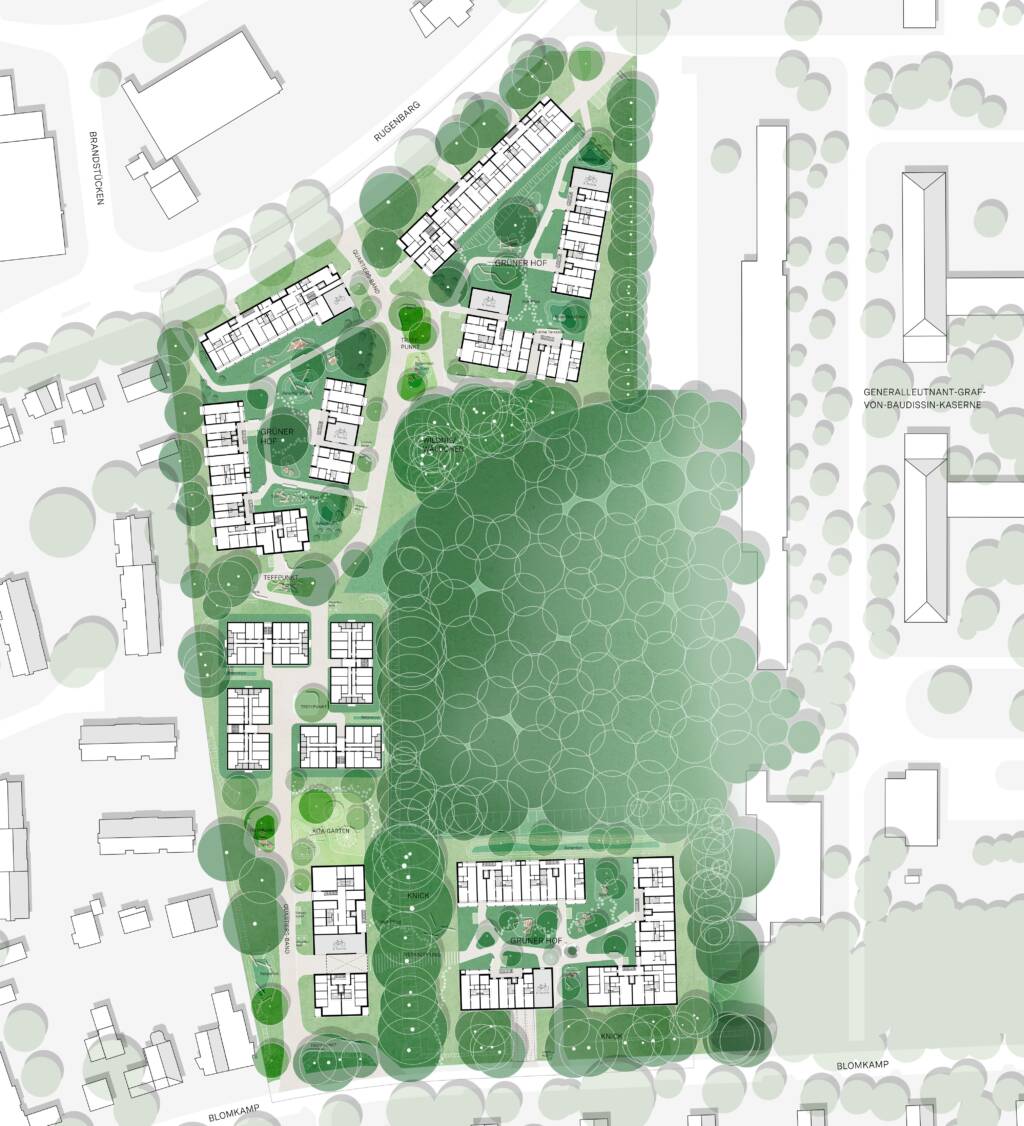 Draufsicht auf ein Wohnquartier in der Stein-Hardenberg-Straße in Hamburg: Mehrere Gebäuderiegel und -gruppen sind um grüne Innenhöfe angeordnet und über ein Netz aus Wegen verbunden. Ein zentraler, dichter Baumbestand bildet einen waldartigen Freiraum, der das Quartier prägt und von Wohnbebauung umgeben ist. Entlang der Ränder verlaufen Baumreihen, während innerhalb der Höfe Spiel-, Aufenthalts- und Gemeinschaftsflächen angeordnet sind. Die Freiräume sind differenziert zoniert und verbinden Wohnen, Bewegung und Natur. Planung: LH Architekten und MERA Landschaftsarchitekten.