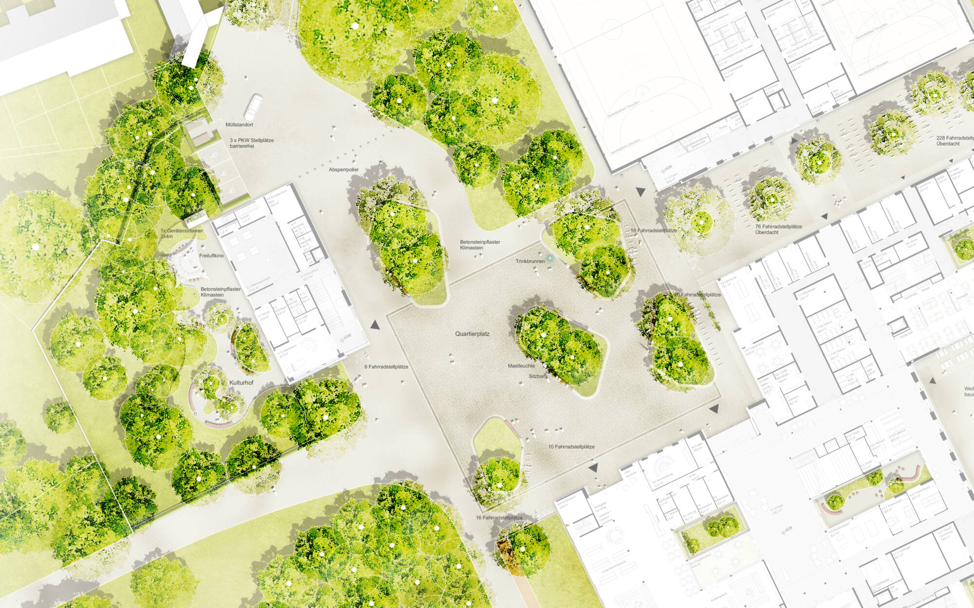 Detaillageplan des zentralen Quartiersplatzes der IGS Bothfeld in Hannover: Zwischen mehreren Gebäuden öffnet sich ein großzügiger, befestigter Platz mit locker angeordneten Bauminseln und Sitzbereichen. Unterschiedliche Wege verbinden den Quartiersplatz mit angrenzenden Gebäuden, Fahrradstellplätzen und Grünflächen. Im westlichen Bereich liegen ein Kulturhof und ein Freiluftkino, eingebettet in geschwungene Pflanz- und Aufenthaltsflächen. Die zahlreichen Baumstandorte strukturieren den Freiraum und schaffen verschattete Aufenthaltsorte.
