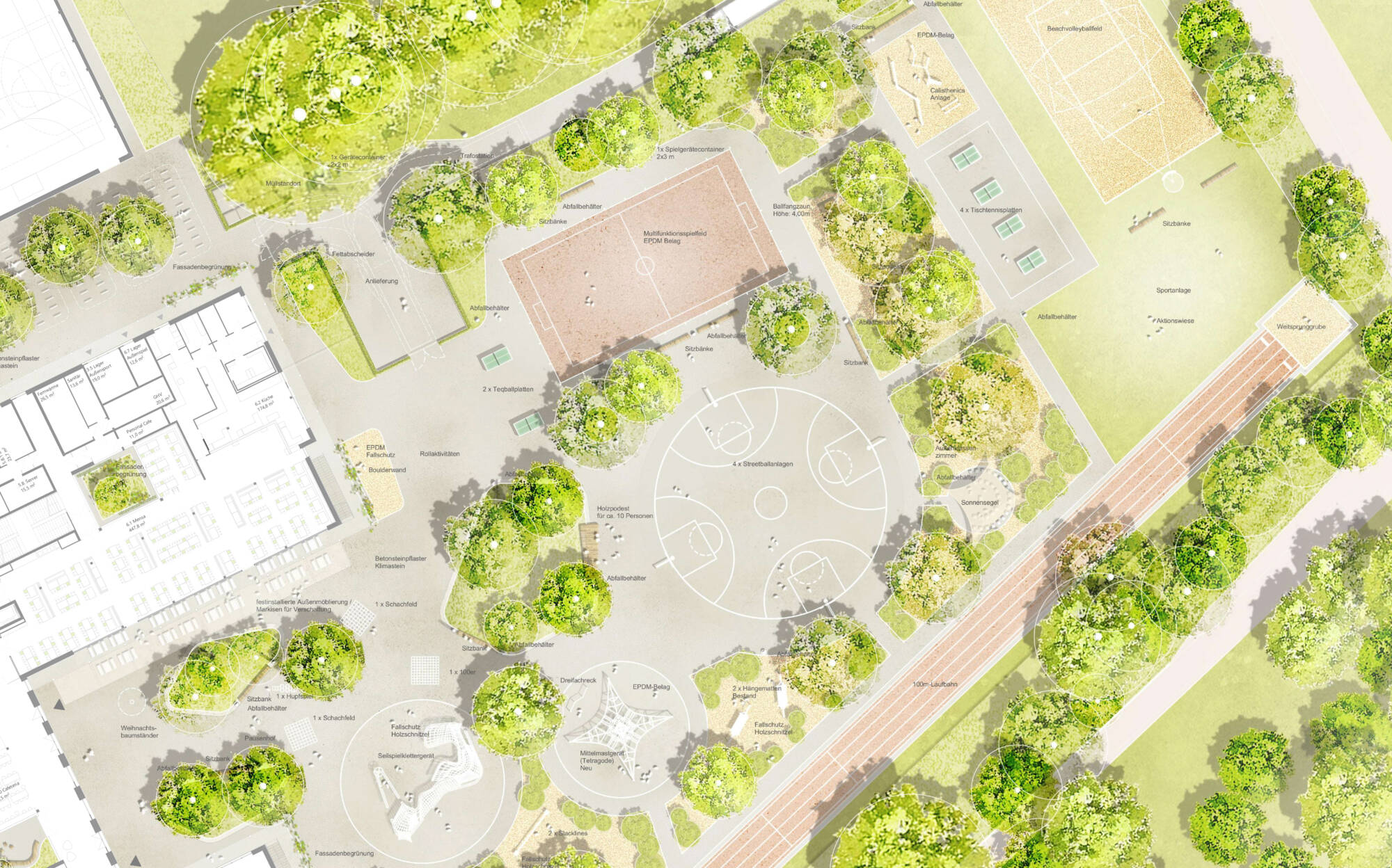 Draufsicht auf die Freianlagen des Schulcampus der IGS Bothfeld in Hannover: Mehrere klar gegliederte Außenbereiche sind zwischen Baumgruppen angeordnet. Zu erkennen sind ein großer, runder Schulhof mit Spielflächen und Markierungen, ein rechteckiges Multifunktionsfeld sowie weitere Sport- und Bewegungsflächen. Dazwischen verlaufen Wege, Sitzbereiche und kleinere Aufenthaltszonen. Dichte Baumpflanzungen und Grünflächen rahmen die Freiräume und verbinden sie mit den angrenzenden Wegen und Landschaftsbereichen