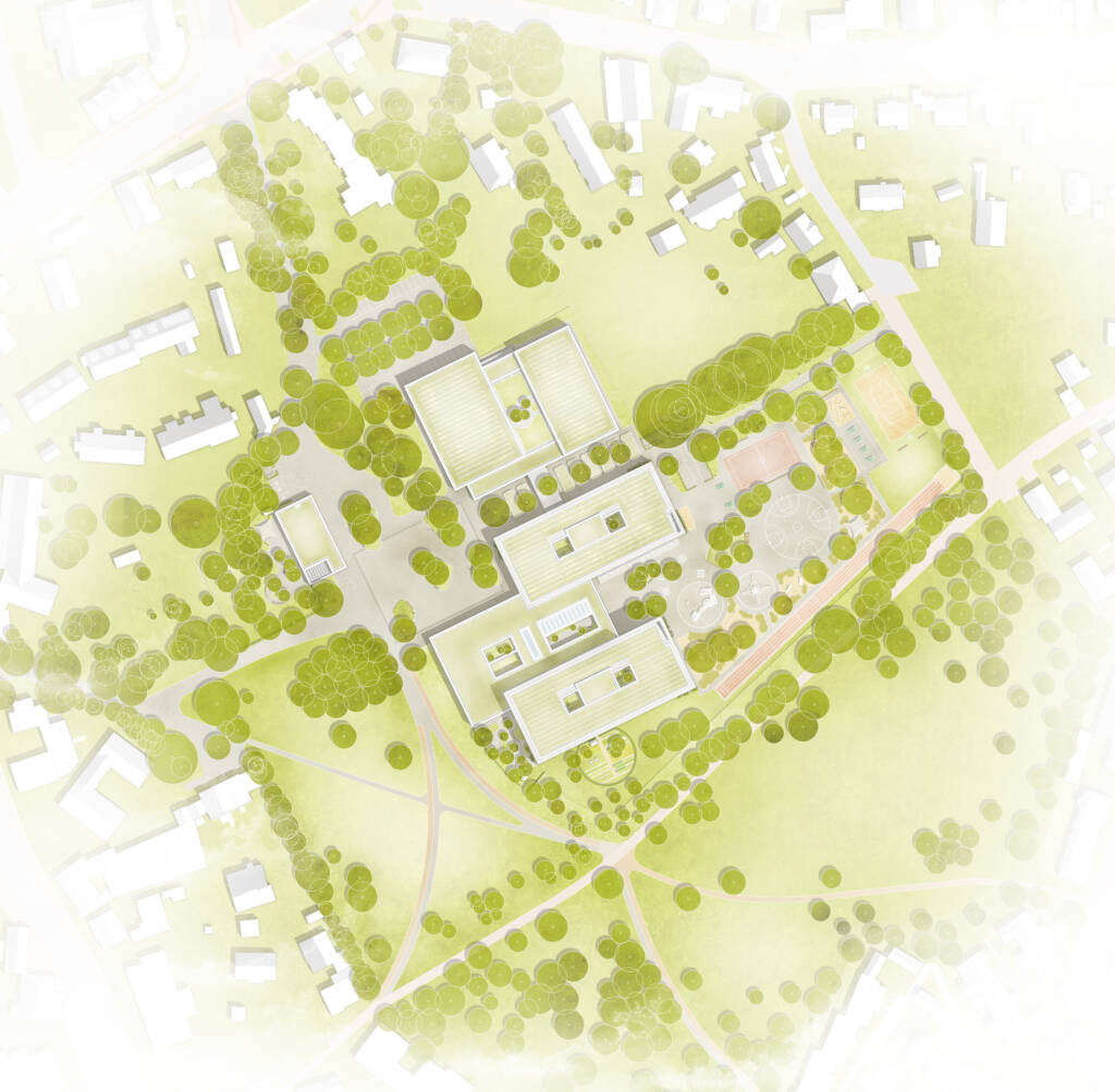 Draufsicht auf den Schulcampus der IGS Bothfeld in Hannover: Mehrere rechteckige Schulgebäude sind in eine großzügige, parkartige Landschaft eingebettet. Baumreihen, Grünflächen und Wege verknüpfen die einzelnen Baukörper mit Schulhöfen, Sport- und Aufenthaltsbereichen. Im östlichen Teil liegen Spielflächen und Sportfelder, während sich um die Gebäude befestigte Platzflächen und begrünte Innenhöfe anordnen. Die umliegende Landschaft mit zahlreichen Bestandsbäumen bindet den Campus in den Freiraum der Umgebung ein