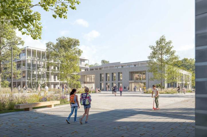 Perspektivische Darstellung des Schulcampus der IGS Bothfeld in Hannover: Ein großzügiger, befestigter Platz öffnet sich vor mehreren modernen Schulgebäuden mit großen Fensterflächen. Bäume und Staudenpflanzungen rahmen den Platz, Sitzbänke laden zum Verweilen ein. Kinder und Jugendliche bewegen sich über die Fläche, gehen mit Schulranzen, unterhalten sich oder fahren Roller. Die Gebäude orientieren sich mit Eingängen und Aufenthaltsbereichen zum Platz, der als zentraler Treffpunkt für Schule und Nachbarschaft dient. Freiraumentwurf von MERA GmbH Hamburg