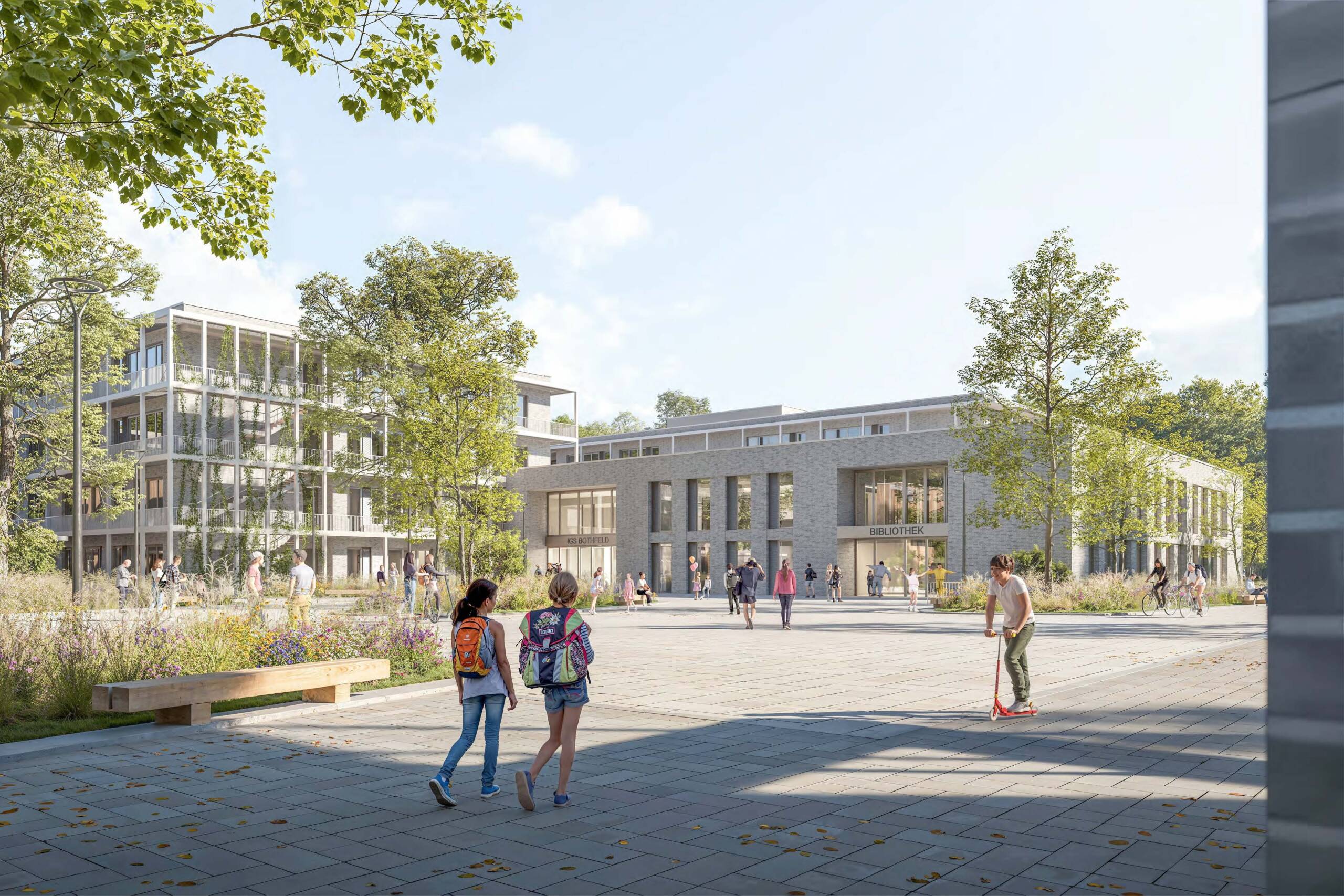 Perspektivische Darstellung des Schulcampus der IGS Bothfeld in Hannover: Ein großzügiger, befestigter Platz öffnet sich vor mehreren modernen Schulgebäuden mit großen Fensterflächen. Bäume und Staudenpflanzungen rahmen den Platz, Sitzbänke laden zum Verweilen ein. Kinder und Jugendliche bewegen sich über die Fläche, gehen mit Schulranzen, unterhalten sich oder fahren Roller. Die Gebäude orientieren sich mit Eingängen und Aufenthaltsbereichen zum Platz, der als zentraler Treffpunkt für Schule und Nachbarschaft dient. Freiraumentwurf von MERA GmbH Hamburg